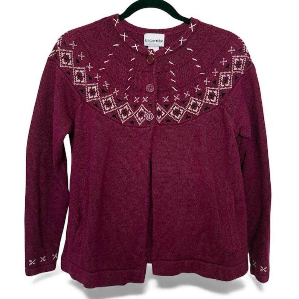 Breckenridge Cardigan Sweater Womens Small Magenta Fair Isle Knit Button Pockets